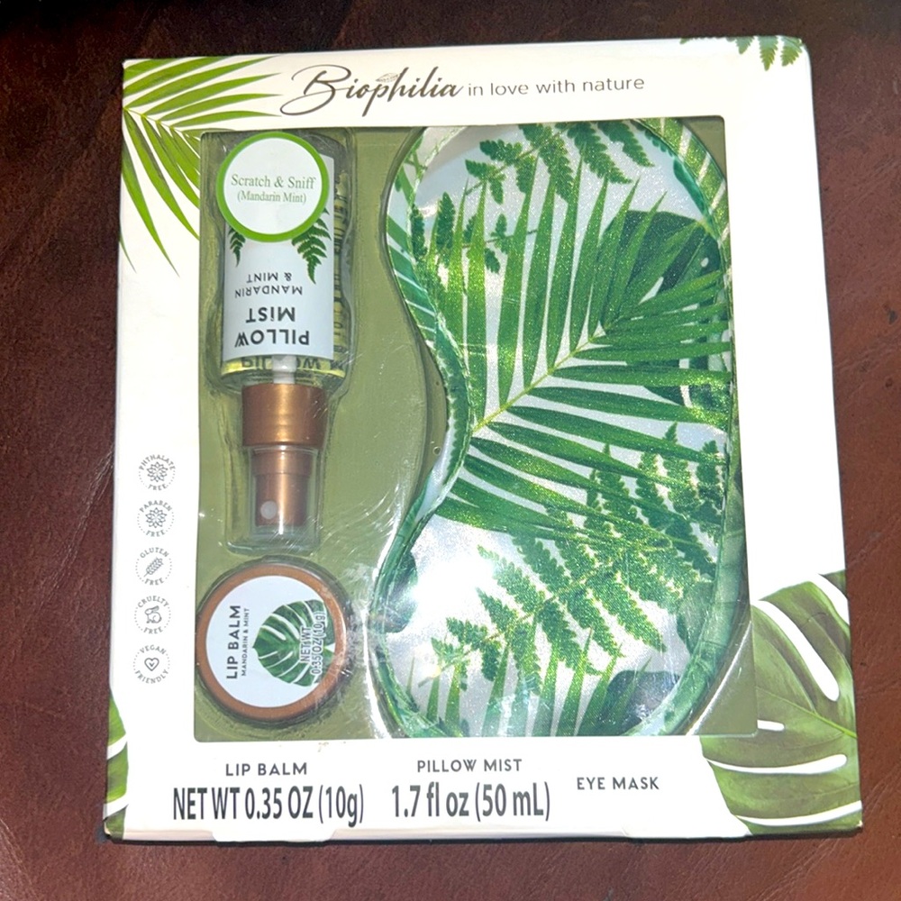 Biophilia Mandarin Mint Lip Balm, Pillow Mist and Eye Mask 🌿